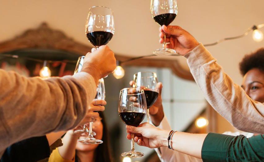 diverse handing cheers during a outdoor friendsgiving dinner